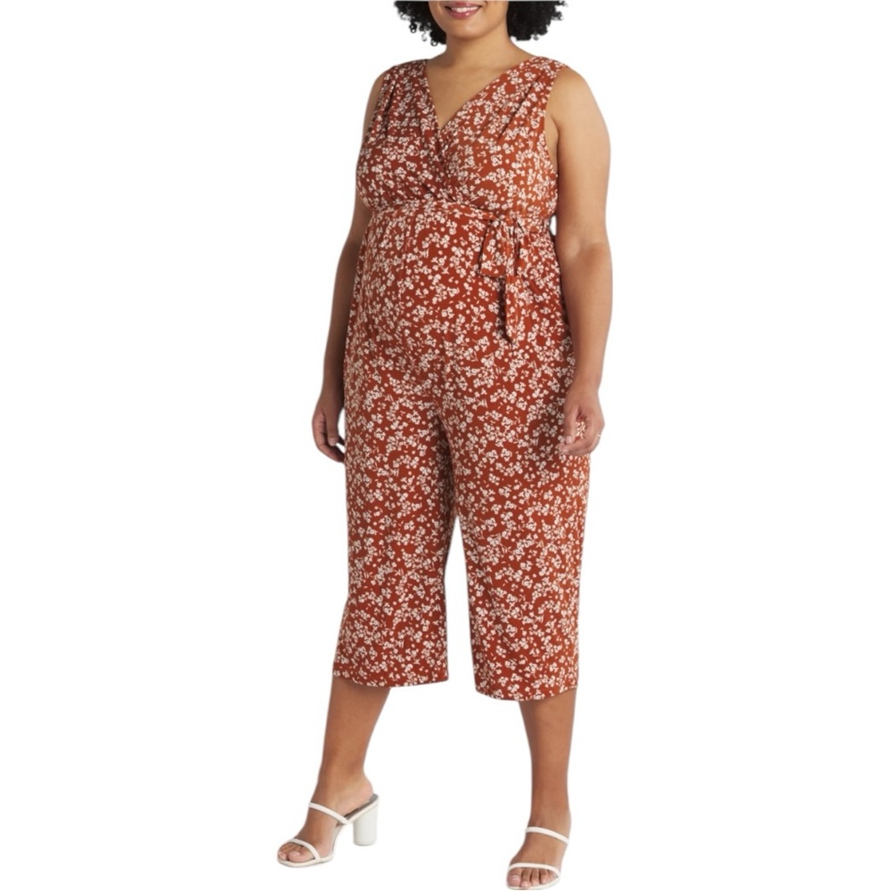 Kalieigh Maternity Ora Knit Crop Jumpsuit in Burnt Orange Floral 1X Sleeveless